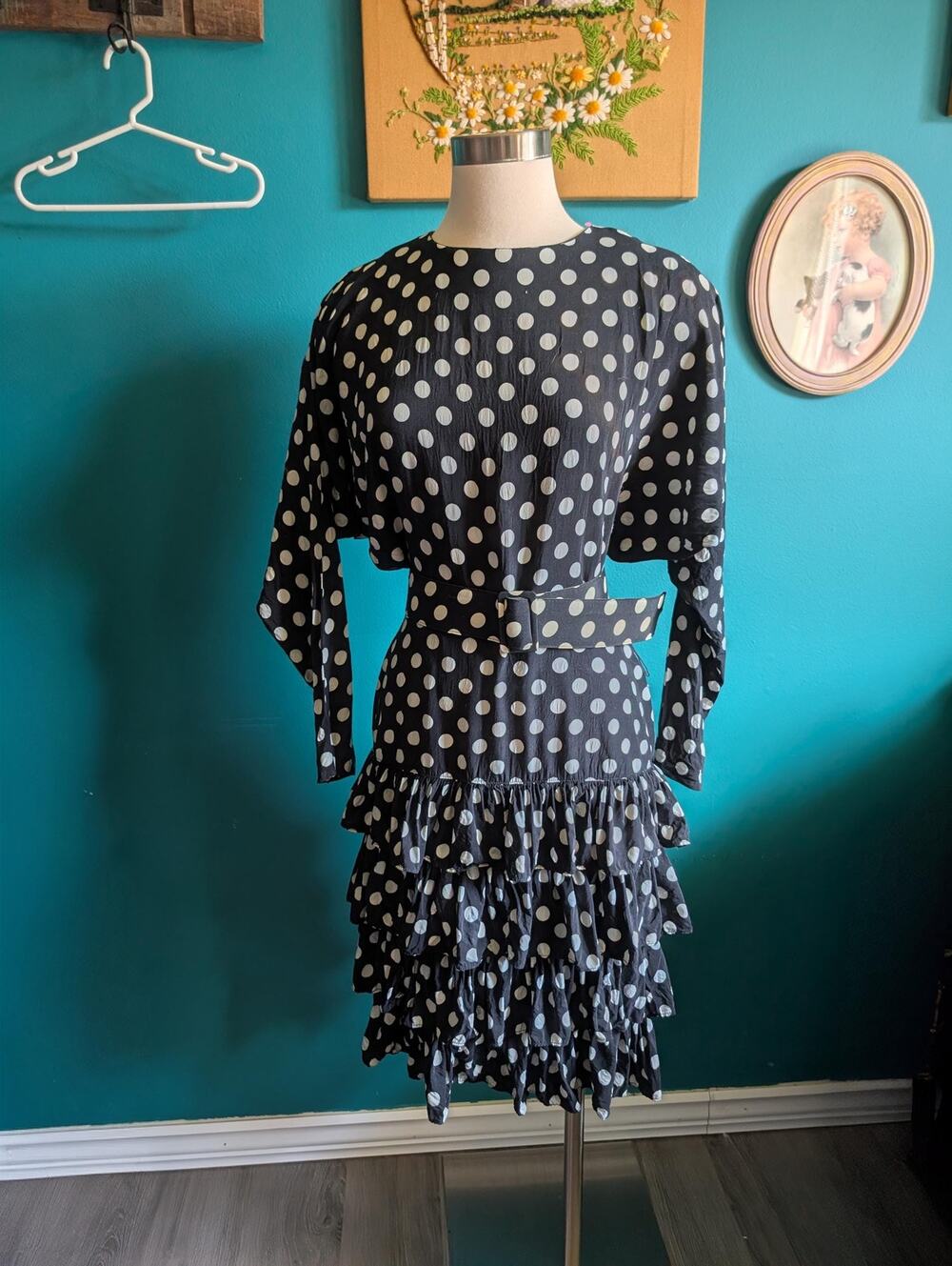 Women's Vintage 80s Polka Dot Ruffle Dress Size Small AS IS retro drop waist